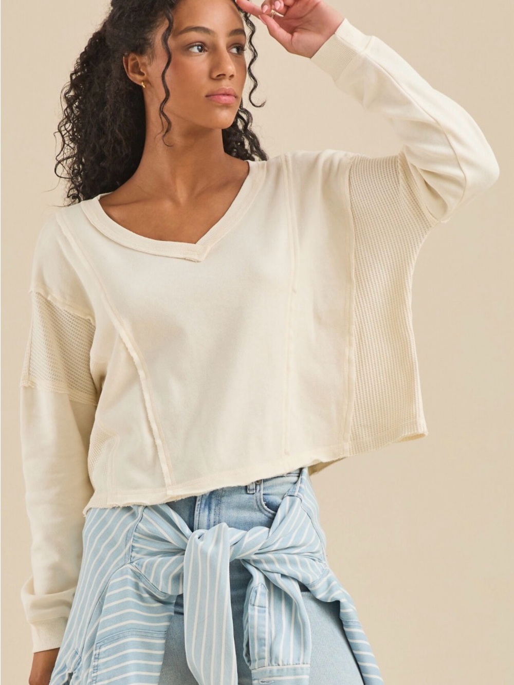 Altar'd State V-Neck Thermal Waffle Knit Oversized Pullover XS